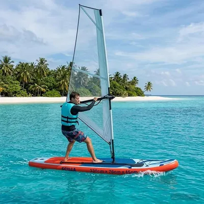 Produktbild von Aufblasbares SUP Board mit Segel, Windsurfing Stand Up Paddleboard aus UV-beständigem PVC mit Pumpe Paddel Tasche 330x76x15 cm for Erwachsene Seen Meer Fluss Outdoor Wassersport
