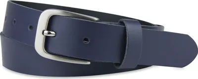 A studio shot of a blue leather belt with a silver buckle.