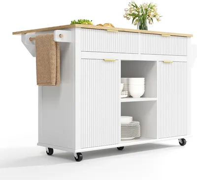 Produktbild von Rollbare Kücheninsel 120 x 45 cm mit klappbarer Arbeitsplatte in Weiß, 2 Schubladen, 2 Türen, Gewürzregalen und Handtuchhaltern