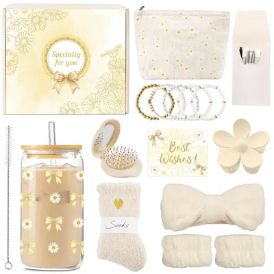 Immagine prodotto di Set regalo per ragazze dai 9 ai 16 anni, contenente: bicchiere, beauty case, pennelli da trucco, calzini e braccialetti (giallo)