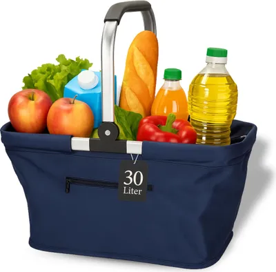 Produktbild von Einkaufskorb 30L - stabiler und faltbarer Korb mit Henkel aus Aluminiumrahmen für Einkäufe und Ausflüge - blau