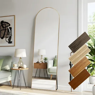 Zdjęcie produktu dla Lustro stojące, panoramiczne, 44 x 146 cm, zakrzywione, z ramą imitującą drewno, kolor beżowy, idealne do garderoby