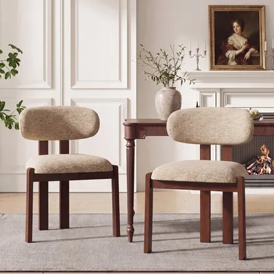Image de Lot de 2 chaises de salle à manger en chenille,bois massif marron, assise confortable,style nordique,camel