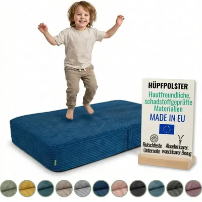 Produktbild von Pillows24 – Hüpfpolster für Kinder | Hüpfkissen 70x110x17 cm | Federn & Schaumstoff | Kindertrampolin für Zuhause | Hüpfmatte | abnehmbarem Cordbezug