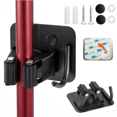 Produktbild von Besenhalter Wandhalterung 4 cm Ohne Bohren, Gerätehalter Edelstahl Rostfrei Schwarz, Mophalter Selbstklebend mit Haken für Haushalt, Küche, Bad und Garage, Ordnung, Organisation