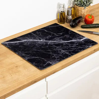 Produktbild von 2er Set Glasschneideplatte Herdabdeckplatten in Marmor schwarz Optik