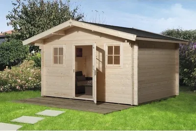 Produktbild von Gartenhaus weka hohes Durchgangsmaß 195 cm, mit Vordach und Fußboden 450 x 450 cm natur
