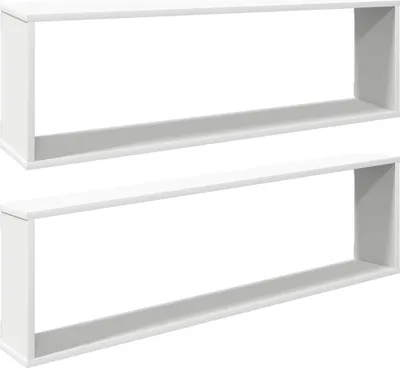Two white cube shelves are shown side-by-side against a white background.