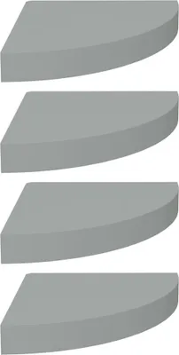 Four identical gray corner shelves are stacked vertically against a white background.