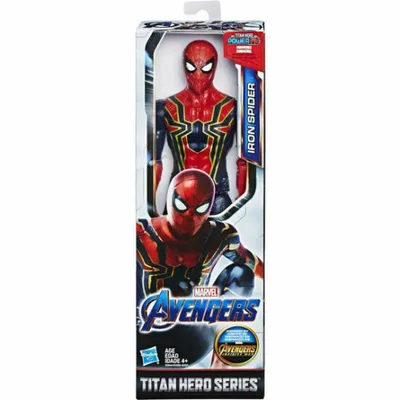 A toy action figure of Iron Spider from Marvel's Avengers, presented in its retail packaging.