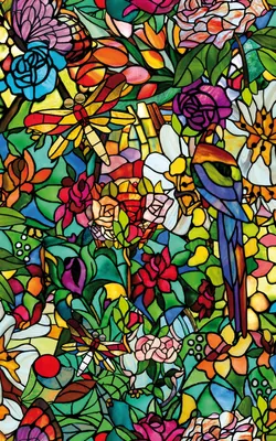 A stained glass pattern featuring flowers, leaves, and dragonflies.