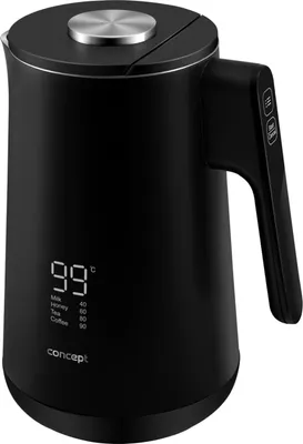 A black electric kettle with a digital display is shown against a white background.