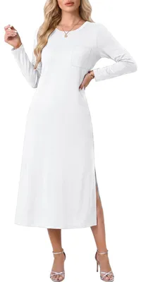 Image de Robe longue à manches longues avec fente latérale - Vêtements décontractés pour femmes - Blanche