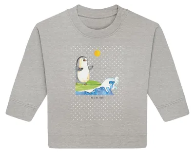 Produktbild von Mr. & Mrs. Panda Organic Baby Pullover Pinguin Surfer 12. - 18. Monat - Heather Grey - Geschenk, Hawaii, Optimistisch, Pinguine, Urlaub, Portugal, Motiviert, Bullover