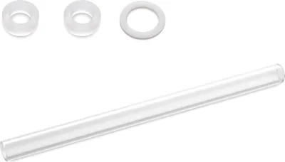 A clear product shot of a glass tube and three white O-rings on a white background.