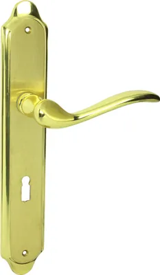Produktbild von DOMINO Türgriff 72 Drückergarnitur BB-Buntbart Set | Langschildgarnitur | Türklinke für Zimmertür, Bürotür, Kellertür & Innentür | L-Form | Türbeschläge aus Messing |Gold Türdrückergarnitur | TULUZA M1/M2