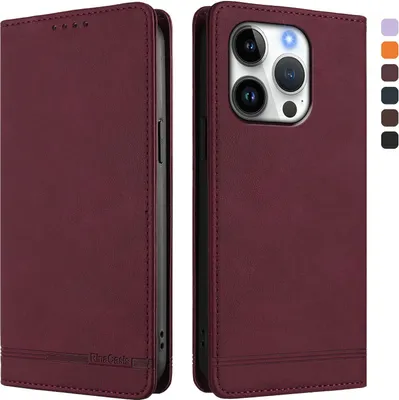 Image de Etui pour iPhone 16 Pro, étui rétro en cuirPolyuréthaneavec support et fentes pour cartes de crédit Rouge