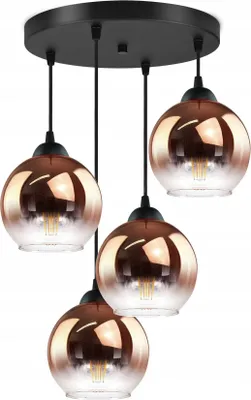 A black ceiling lamp with three transparent copper-colored glass spheres hanging from it.