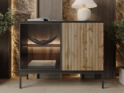 Produktbild von GrainGold Kommode Deo - Kommode mit  Türen - Sideboard, TV-Kommode, LED-Beleuchtung, Kommode mit Glas - Kommode Graphit, Eiche Wotan