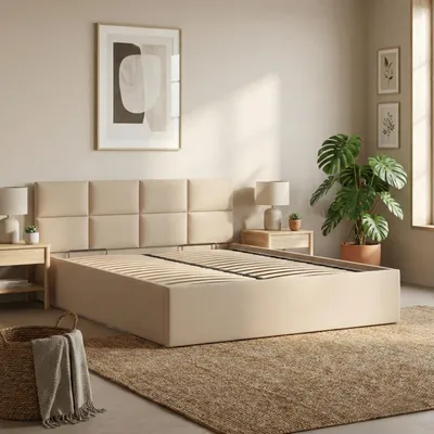 Produktbild von Polsterbett BORGO 160x200 mit Holzlattenrost, Doppelbett ohne Bettkasten, stabiles Bettgestell Beige Geflecht