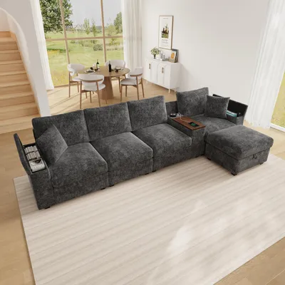 Produktbild von Modulares L-Sofa mit Ottoman, Stauraum, USB/Type-C, Getränkehalter, 360°-Tisch, Armlehnen-Stauraum  (Grey)