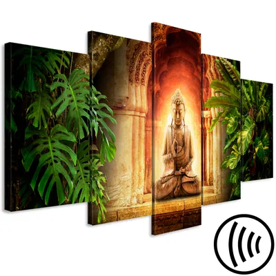 Produktbild von Akustikbild Buddha 200x100 cm Bilder Akustikschaum Hochleistungsschallabsorber Schallschutz Leinwand 5 tlg Wandbild Raumakustik Schalldämmung Feng Shui Tempel Zen p-A-0044-b-m