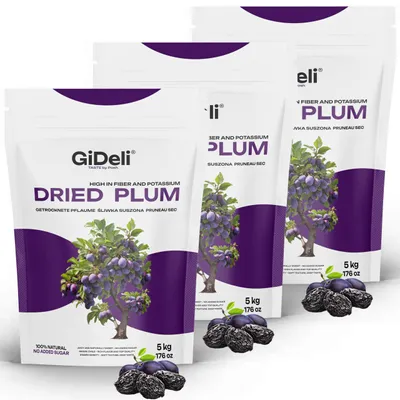 Zdjęcie produktu dla Suszone śliwki 15 kg, bez pestek, niesłodzone, wegańskie, czysta przekąska, idealne do musli. GiDeli