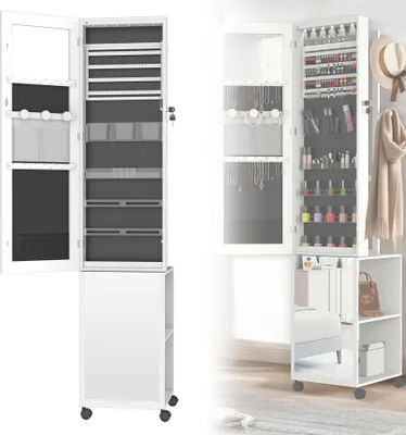 Image de ACXIN Miroir armoire à bijoux Rangement pour bijoux avec lampes LED et serrure de sécurité Armoire à glace sur pied 3 en 1 avec roulettes et étagères 36 x 40 x 170 cm Blanc