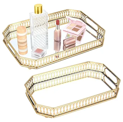Produktbild von Goldenes Parfumtablett Set von 2 - Dekorativ mit Griffen für Make-up und Parfum
