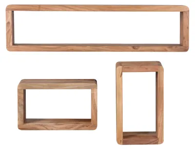 Produktbild von Design Wandregal 3er Set BOHA Massiv Holzregale Akazie Landhausstil, Rustikales Wandregal-Set Holz, Hängeregal Viereckig Echtholz, Wand-Regale, Hängend Würfel, Regal Wandkästen Eckig
