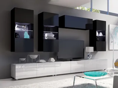 Produktbild von Wohnwand CALABRINI-11 Wohnzimmer-Set Hängewohnwand Schrankwand mit LED-Beleuchtung TV-Schrank Vitrine Moderne Anbauwand Hochglanz (Schwarz / Weiß)