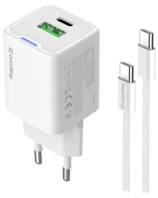 Productafbeelding van COLORWAY: 1x USB-C / 1x USB-A / Netadapter / GaN / PD / PPS / 20W / Wit + 1x USB-C kabel