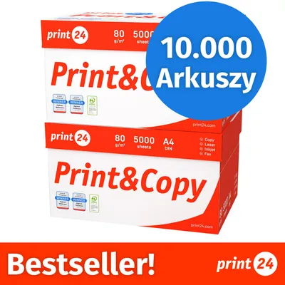 Zdjęcie produktu dla NOWOŚĆ: print24 Papier do drukarek i kopiarek, 10000 arkuszy, 20 x 500, A4, Premium, ekstra biały, CIE 160, Zwycięzca testów, Certyfikat PEFC