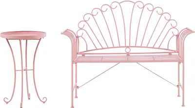 Produktbild von BELIANI 2-Sitzer Gartenbank mit Beistelltisch Rosa Eisen Französisch Romantisch Verschnörkelt Vintage Stil Outdoor Balkon Terrasse Garten Sitzgruppe