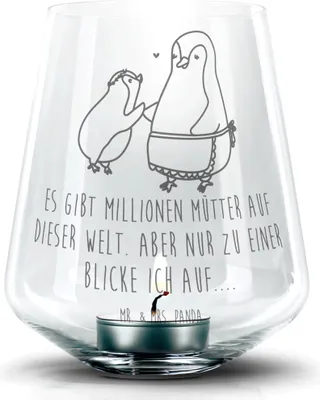 Produktbild von Mr. & Mrs. Panda Gravur Windlicht Pinguin mit Kind - Transparent - Geschenk, Vorbild Mama, Muttertag, Teelichthalter, glas, Mutter, Familie, Laterne, Deko, kerzenhalter