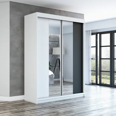 Produktbild von Schwebetürenschrank, 2-türig Schrank mit Spiegel! Moderne Garderobe für Kleidung. Verschiedene Farben (Weiß, Schwarz, Somona) Kleiderschrank NEO 160  cm