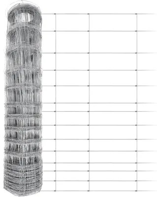 A roll of wire fencing is shown standing upright, with a section of the unrolled fence extending to the right.