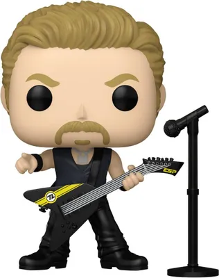 A Funko Pop! vinyl figure of a musician holding a guitar and standing next to a microphone.