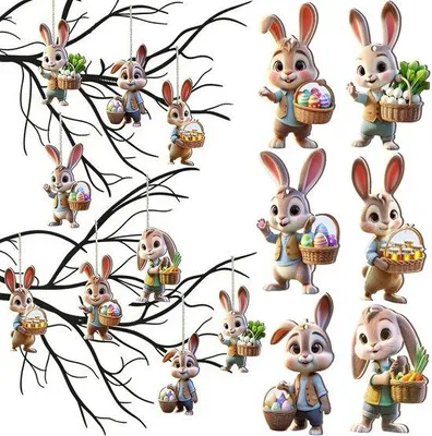 Image de Jeu de 24 décorations de Pâques - Décorations de Pâques - Décorations de printemps - Ornements de Pâques – Décoration – Figurines de lapins – Décorations suspendues de style rustique – Idéales pour les fêtes de Pâques à la maison – Bois – Multicolore