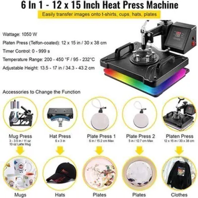 Productafbeelding van Hittepersmachine 6-in-1 - Multifunctionele Sublimatie Pers voor T-Shirts, Mokken, Hoeden en Borden - 12x15 Inch