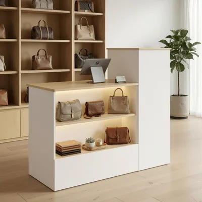 Produktbild von Empfangstheke 120x50x110cm aus MDF, Kassentheke mit LED-Beleuchtung, Schublade mit Schloss und Schrank, Theke für Laden, Boutique, Büro