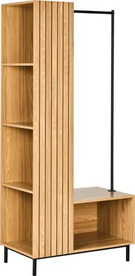 Produktbild von BELIANI Flurgarderobe Set Hellbraun Holzoptik Lamellen 175 cm Hoch Schmal mit 5 Fächern u. Kleiderstange Landhausstil für Flur Büro Schlafzimmer