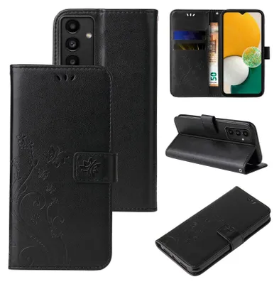Collage of images showing a black floral butterfly embossed flip case for a Samsung Galaxy A13 phone.
