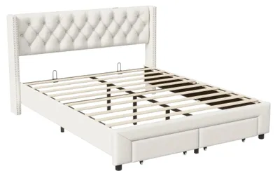 Produktbild von Bett 140x190 cm - Polster-Doppelbett - Samtbezug, 2 Schubladen, USB-Ladeanschlüsse, LED-Lichtleiste, skandinavisches Design - Beige