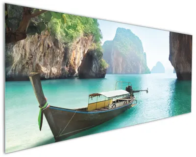 Produktbild von Wallario Küchenrückwand aus Glas, Größe: 125 x 50 cm, Motiv: Fischerboot in Thailand  blaues Meer und Steinfelsen | Spritzschutz | abwischbar | pflegeleicht | in