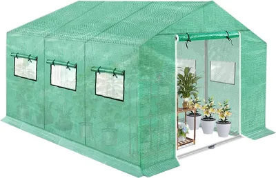 Image de FIVMEN Serre en film plastique résistant à l'hiver, avec fondation en acier, fenêtre, ancrage de terre Maison de tomates Tente en film plastique Tunnel pour jardin, vert, 4.5x2x2m
