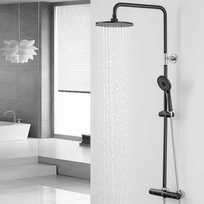 Produktbild von CECIPA Thermostat Duschsystem in Schwarz Chrom, Duschsäule mit 4-Funktionen Handbrause und 38°C Verbrühungsschutz, Sanitär Zubehör für Badezimmer
