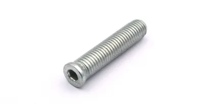 A single metal screw on a white background.