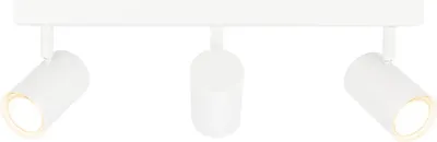 A white track light with three adjustable spotlights.