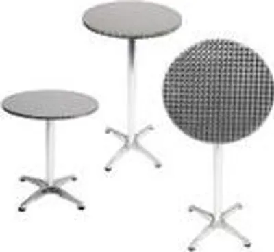 Three round bistro tables of varying heights on a white background.